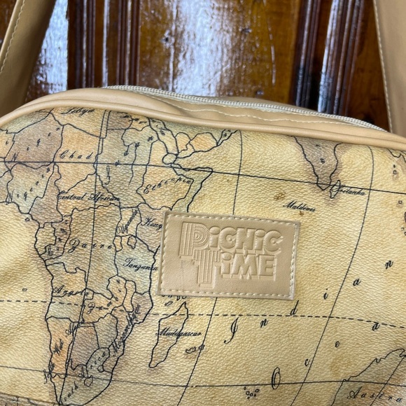 Vtg. World Map Wine/Picnic Case,2Person "Picnic Time"70's Retro Wine Tote - Picture 3 of 9